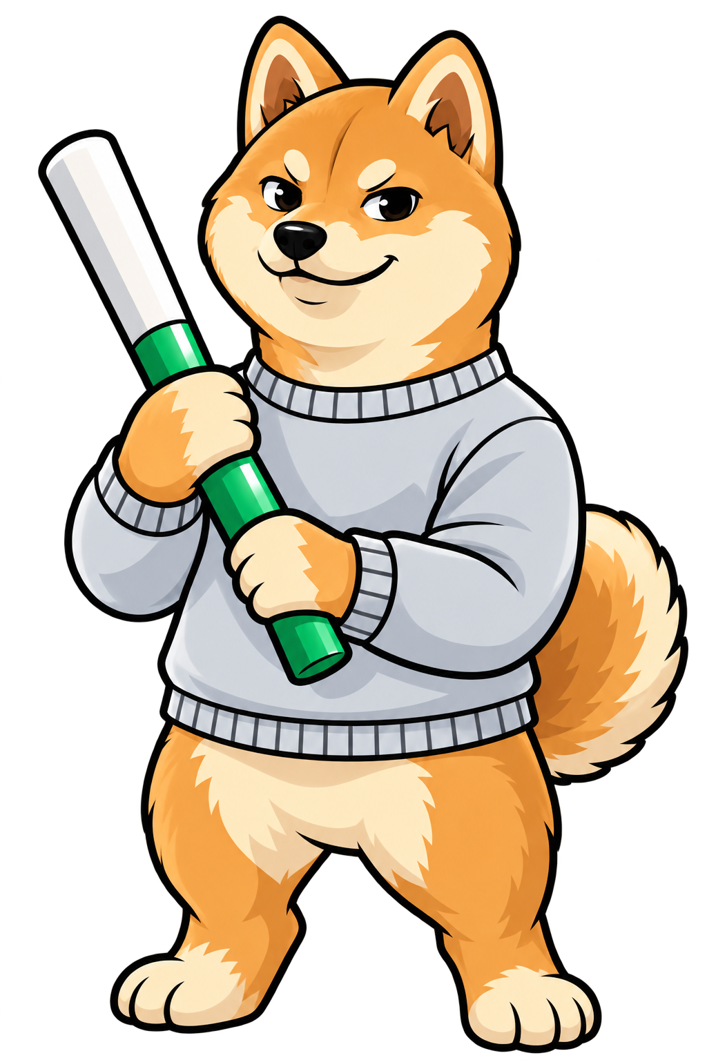 Shiba Inu mascot holding a green and white baton